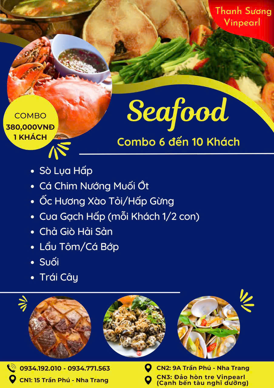 Bảng giá combo hải sản 380k set 1 cho đoàn tại nhà hàng Hải Sản Thanh Sương Vin Nha Trang